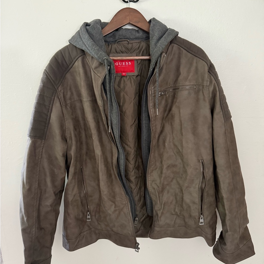 GUESS Men's Tan Bomber Jacket with Gray Hoodie